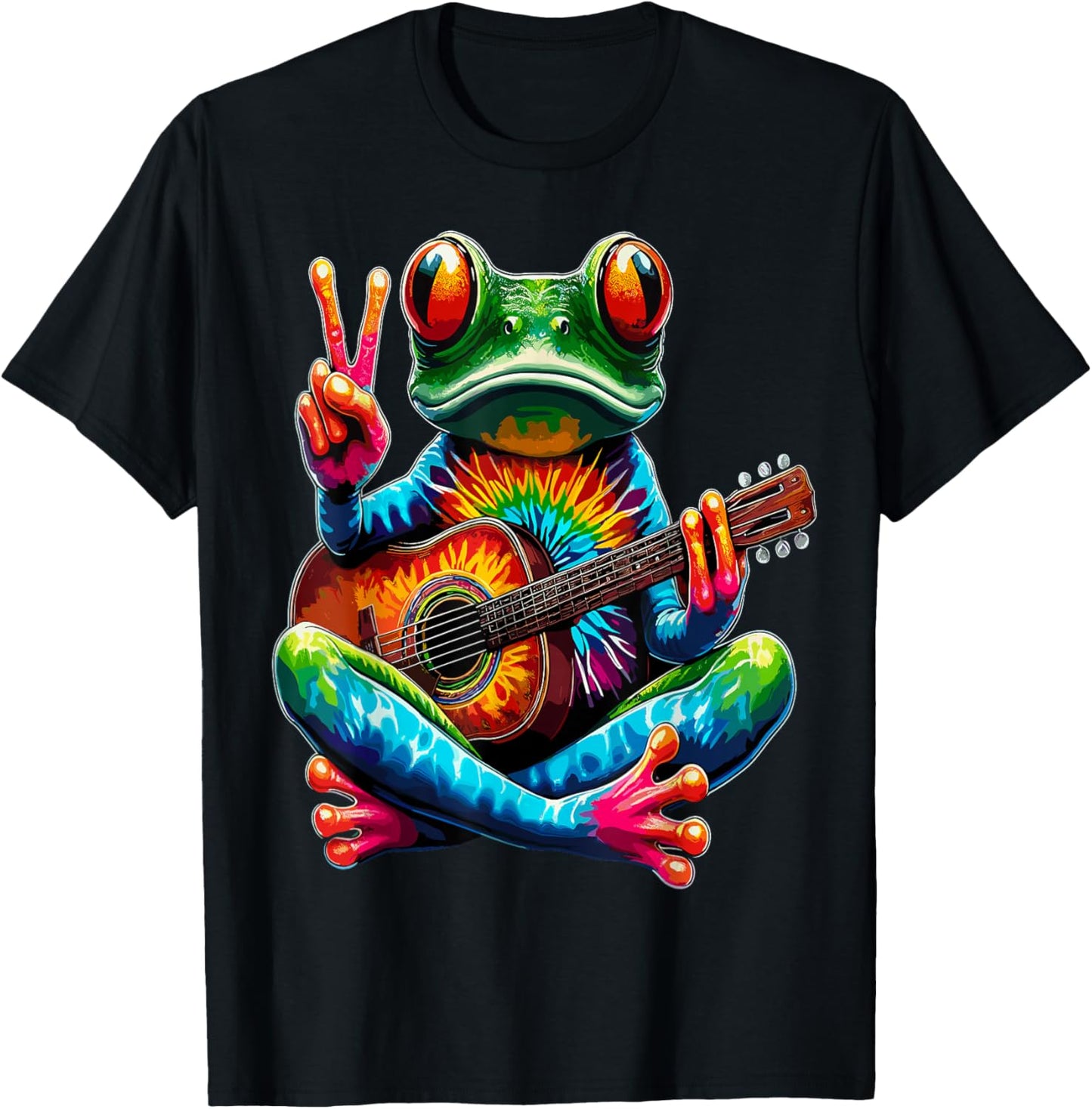 Hippie Lover Tie-Dye Frog Playing Guitar Peace Sign Hippie T-Shirt - T-Shirt | Black