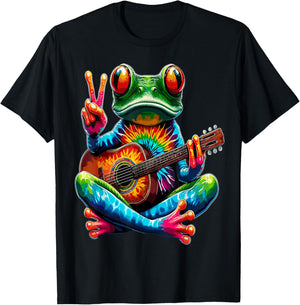 Hippie Lover Tie-Dye Frog Playing Guitar Peace Sign Hippie T-Shirt - T-Shirt | Black