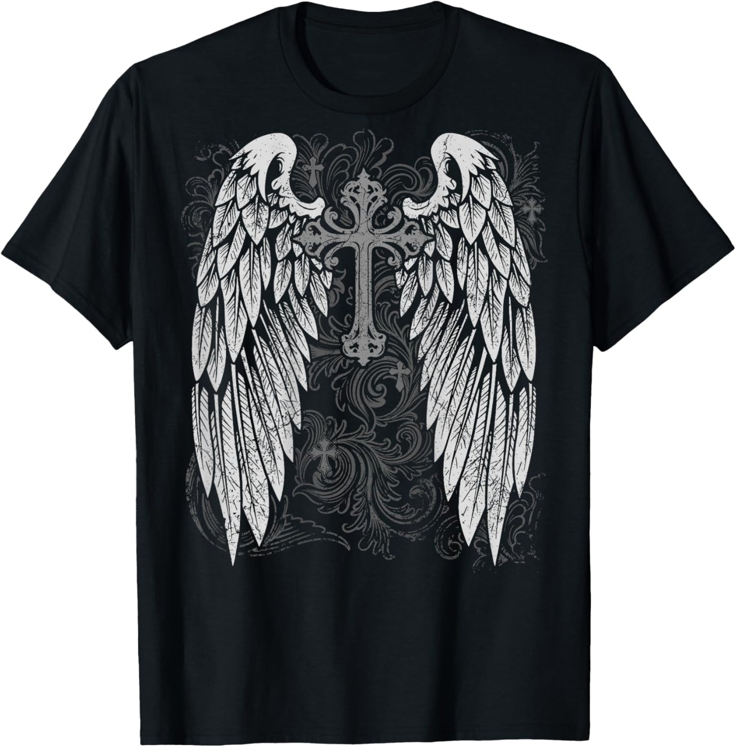Grunge Wings Angel On Back Cross y2k 2000s Goth Emo Harajuku T-Shirt - T-Shirt | Black