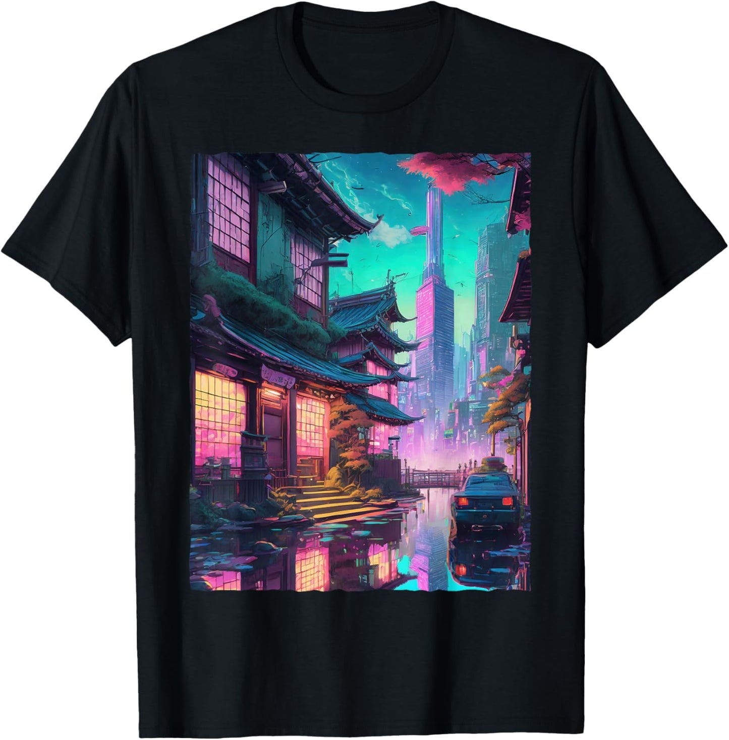 Japanese Streetwear Synthwave Vaporwave City Retro Aesthetic T-Shirt - T-Shirt | Black