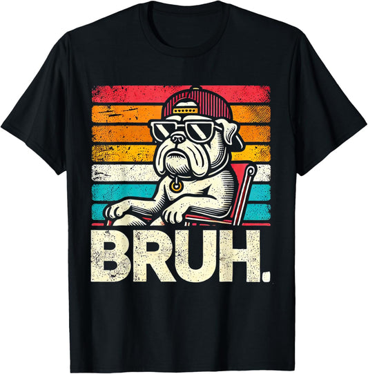 Bruh Retro Vintage 80s Dog Sunglasses Funny Bruh Bulldog T-Shirt - T-Shirt | Black