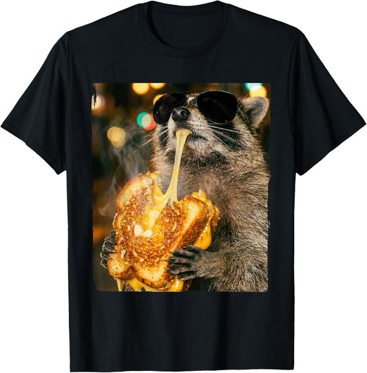 Funny Raccoon Eating Grilled Cheese Meme Men Women Kids T-Shirt - T-Shirt | Black