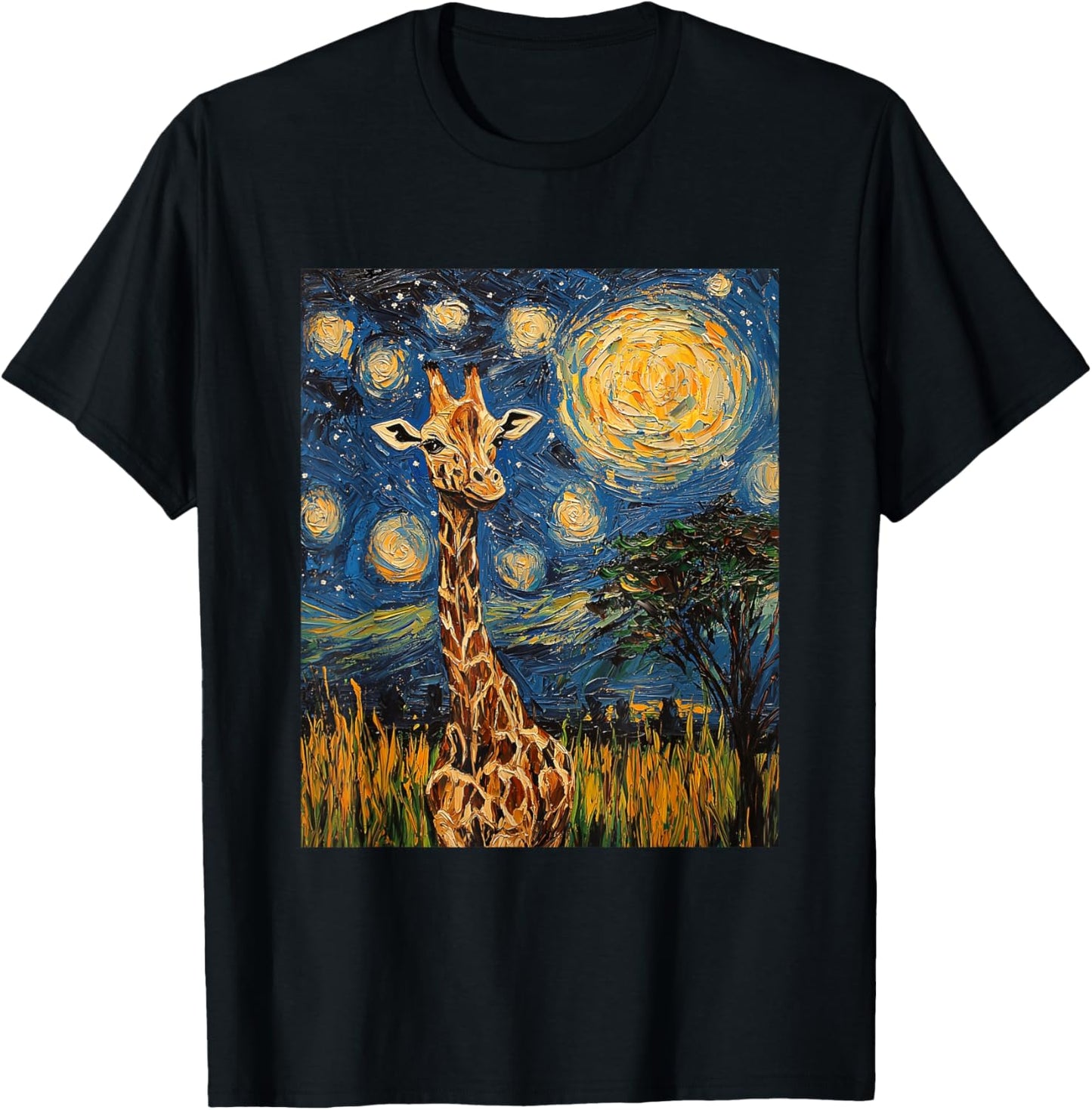 Cute Giraffe Africa - Van Gogh Style - Starry Night T-Shirt - T-Shirt | Black