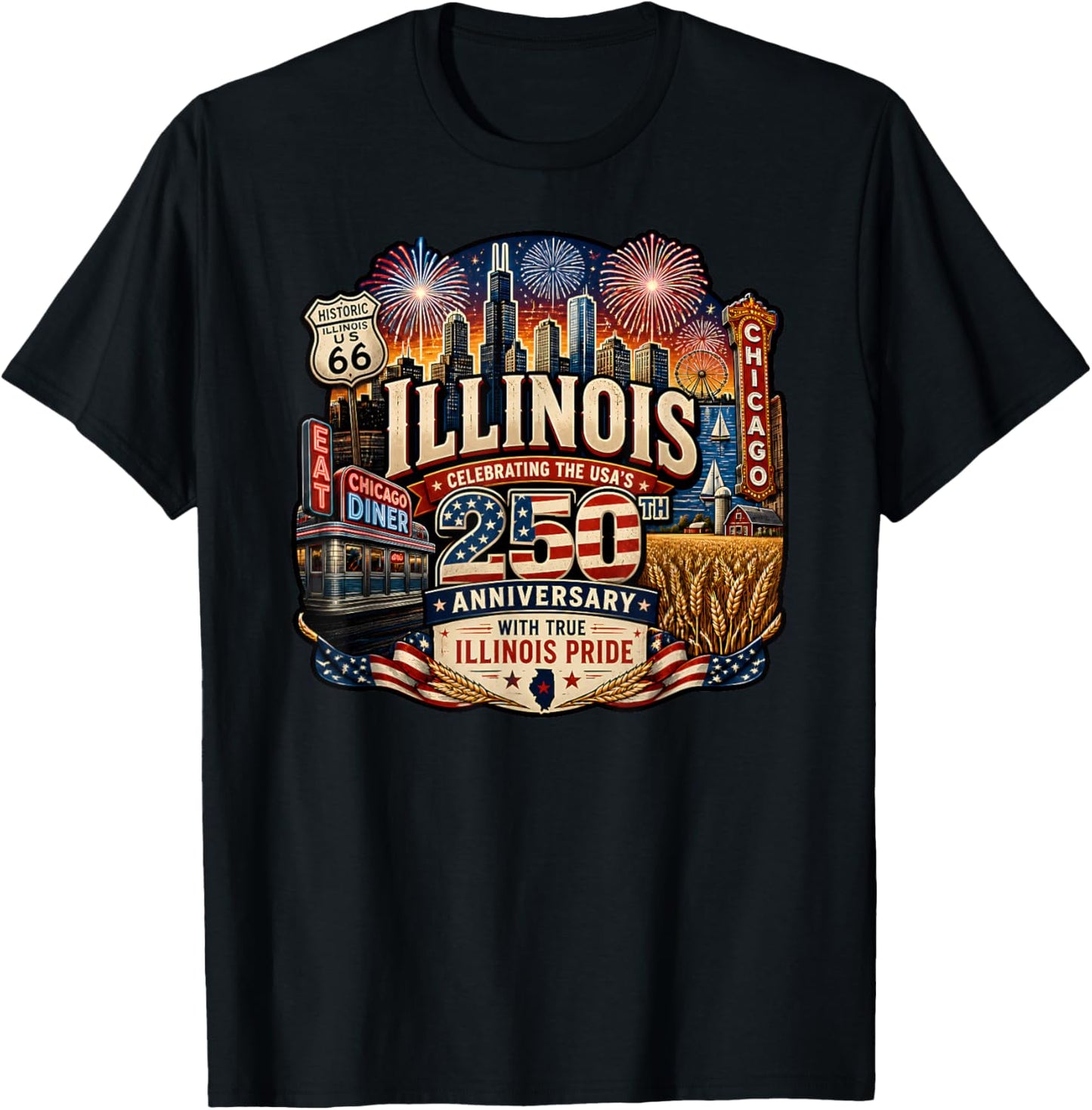 USA 250th Anniversary Illinois Pride T-Shirt - T-Shirt | Black