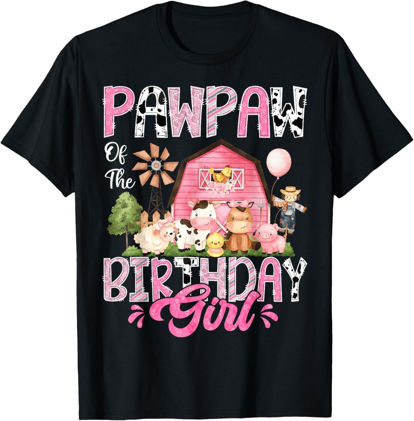 Pawpaw Of The Birthday Girl Pink Farm Cow First Birthday T-Shirt - T-Shirt | Black