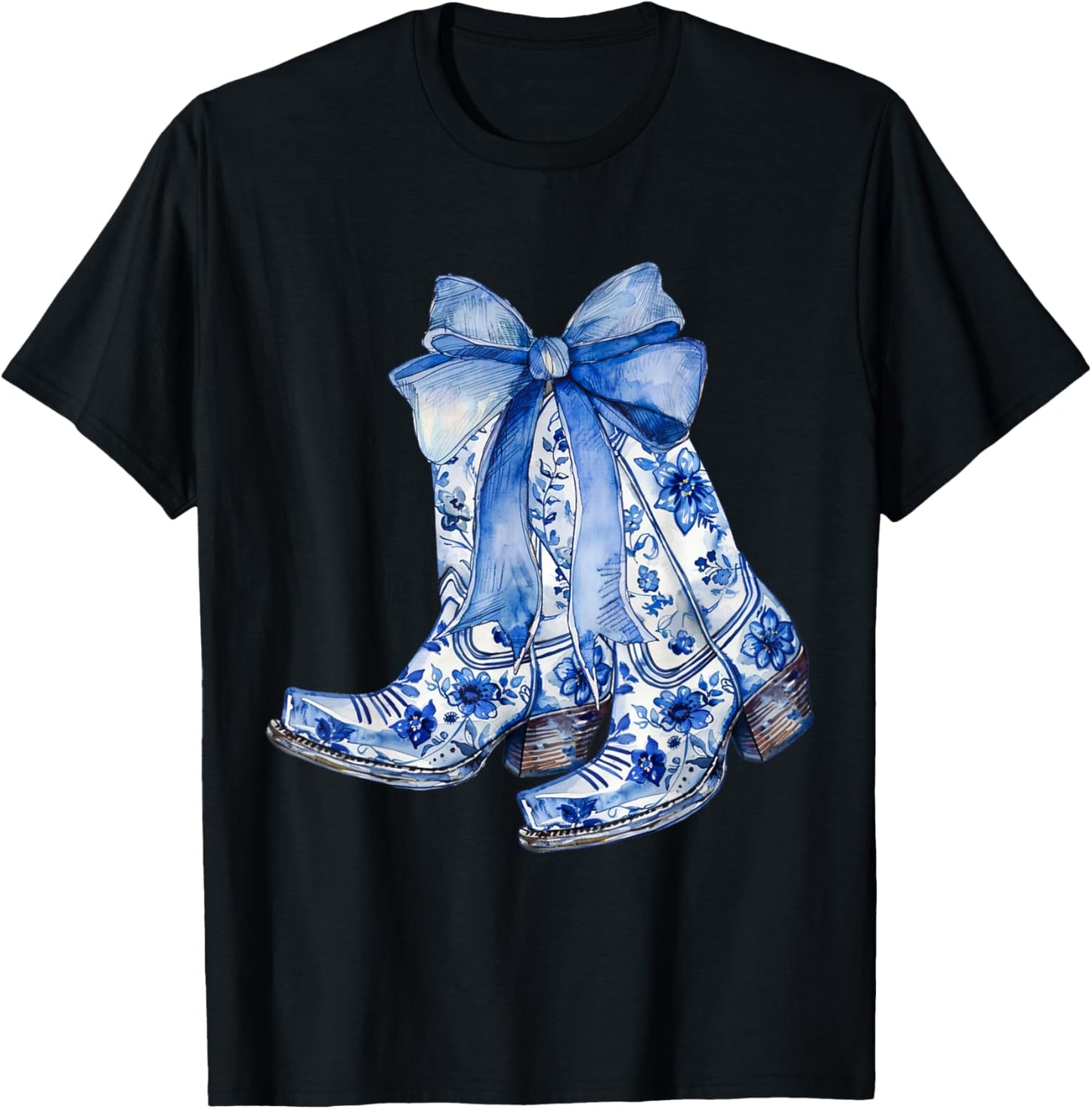 Coquette Blue Floral Boots Bow Cowboy Cowgirl T-Shirt - T-Shirt | Black