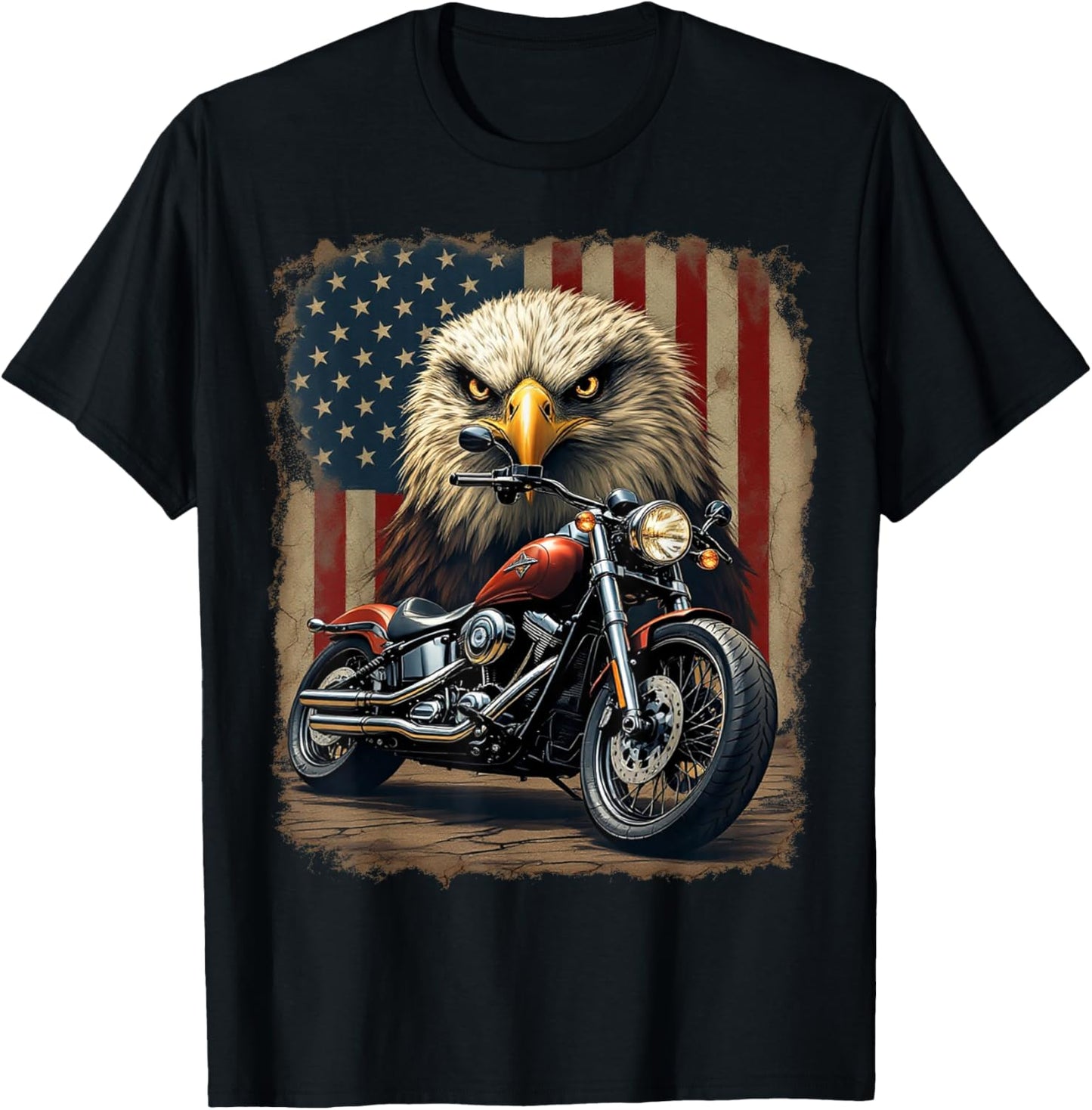 Motorcycle USA Flag Retro Biker Chopper T-Shirt - T-Shirt | Black