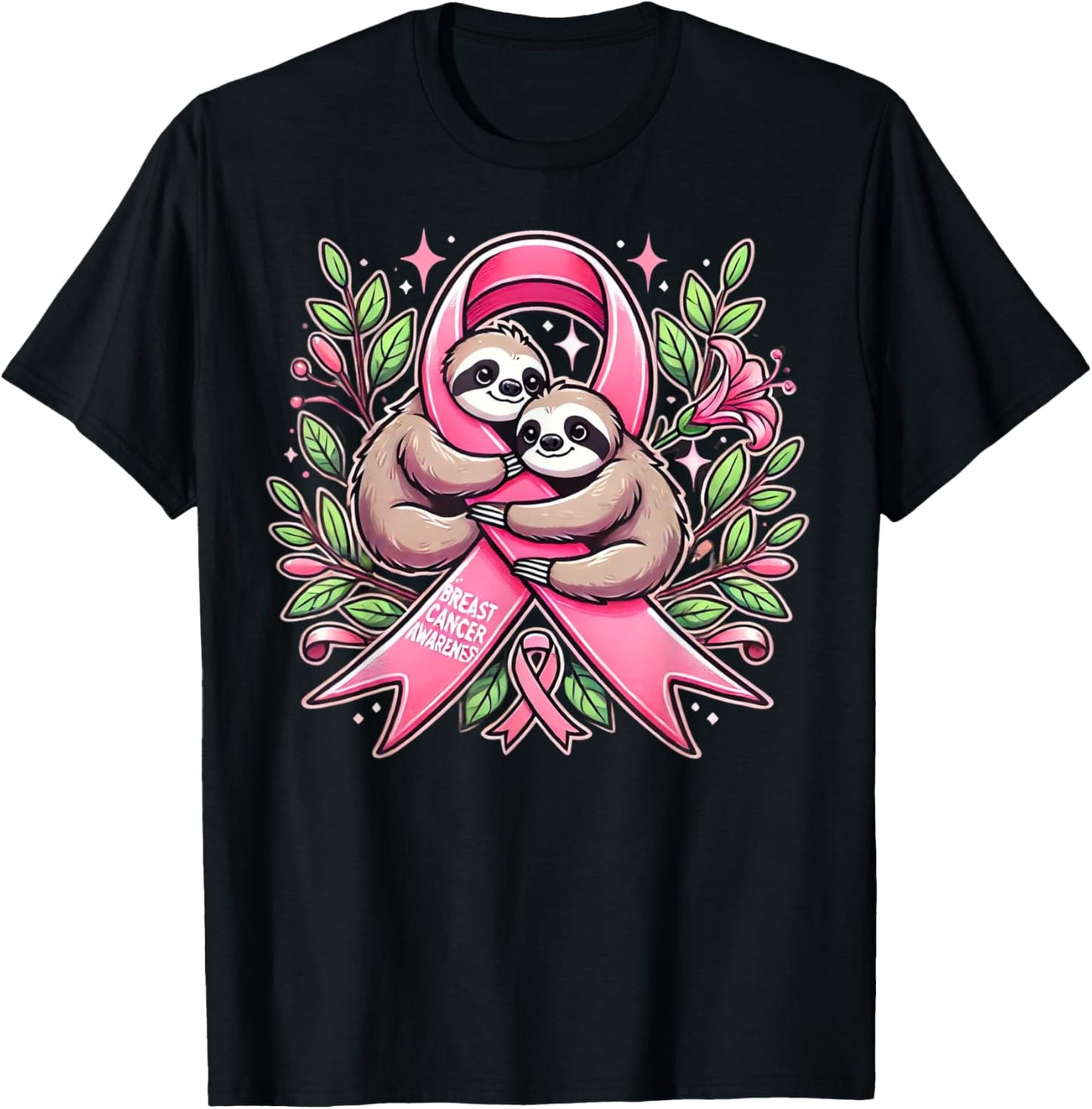 Breast Cancer Awareness Sloth Ribbon T-Shirt - T-Shirt | Black