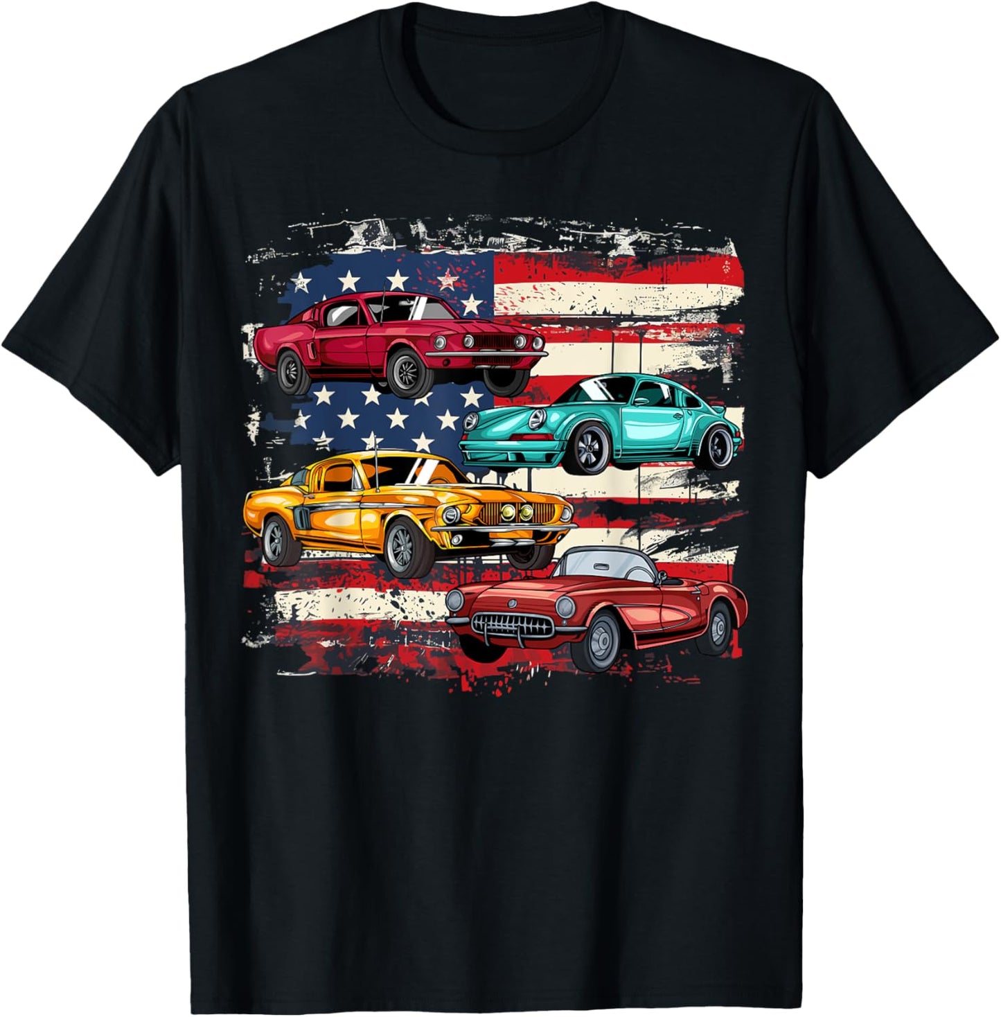 Classic Muscle Car Retro American Flag Patriotic Vintage Girls Kids Men T-Shirt - T-Shirt | Black