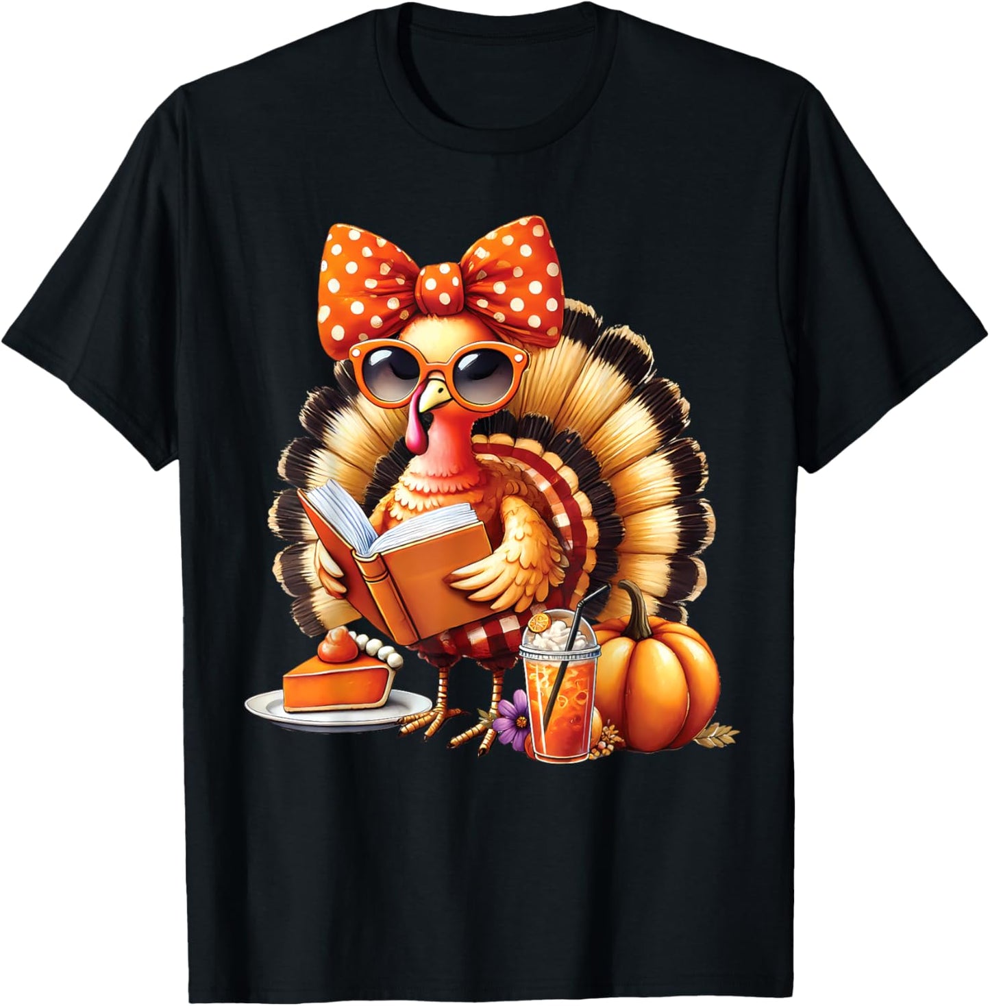 Cute Turkey Reading Book Lovers Thanksgiving Bow T-Shirt - T-Shirt | Black