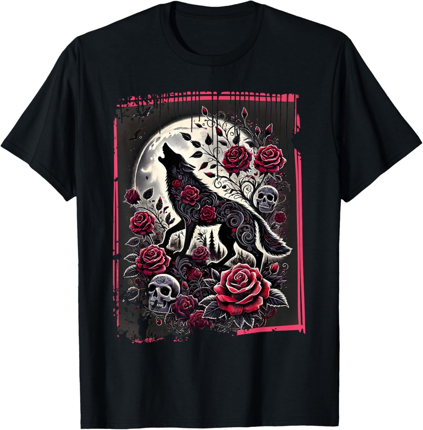 Goth Wolf Howling Romantic Skulls N' Roses Gothic Moon T-Shirt - T-Shirt | Black