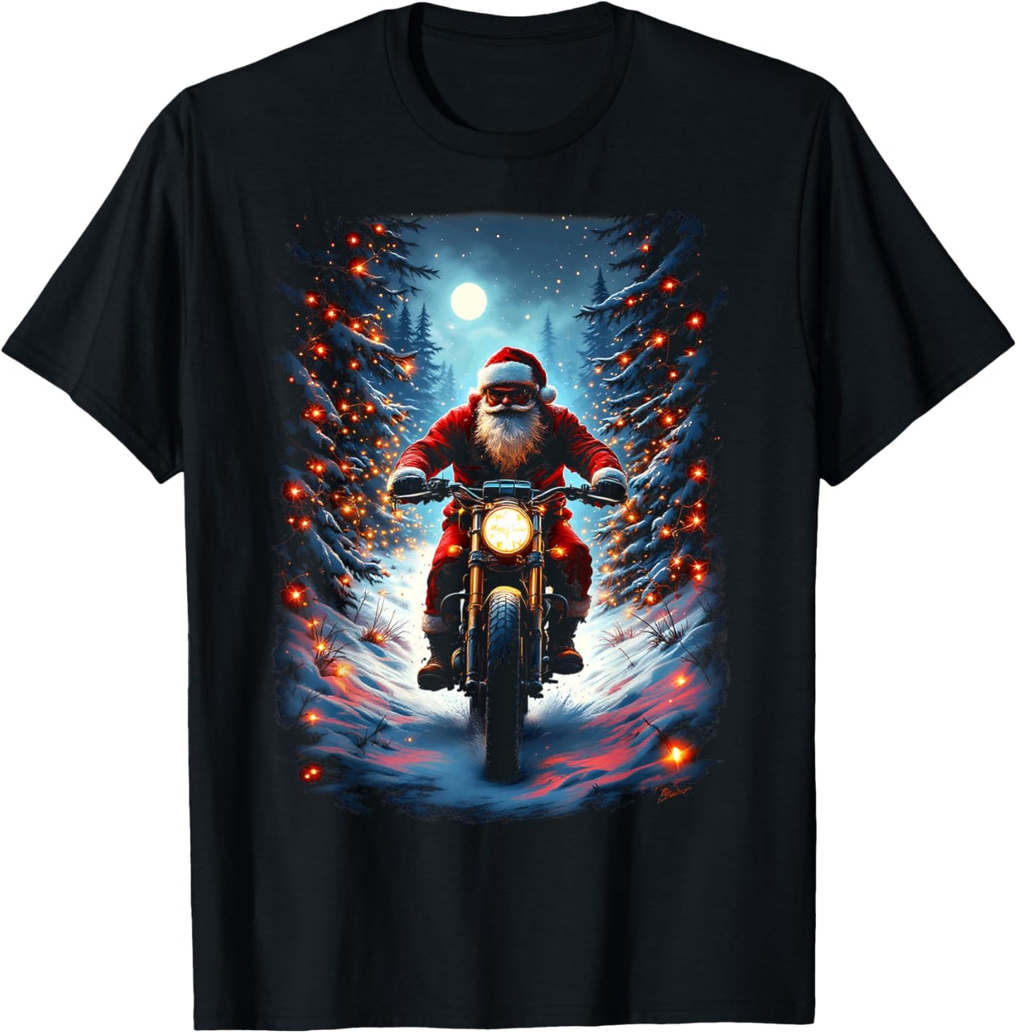 Santa Claus Biker Riding Motorcycle Christmas Moon T-Shirt - T-Shirt | Black