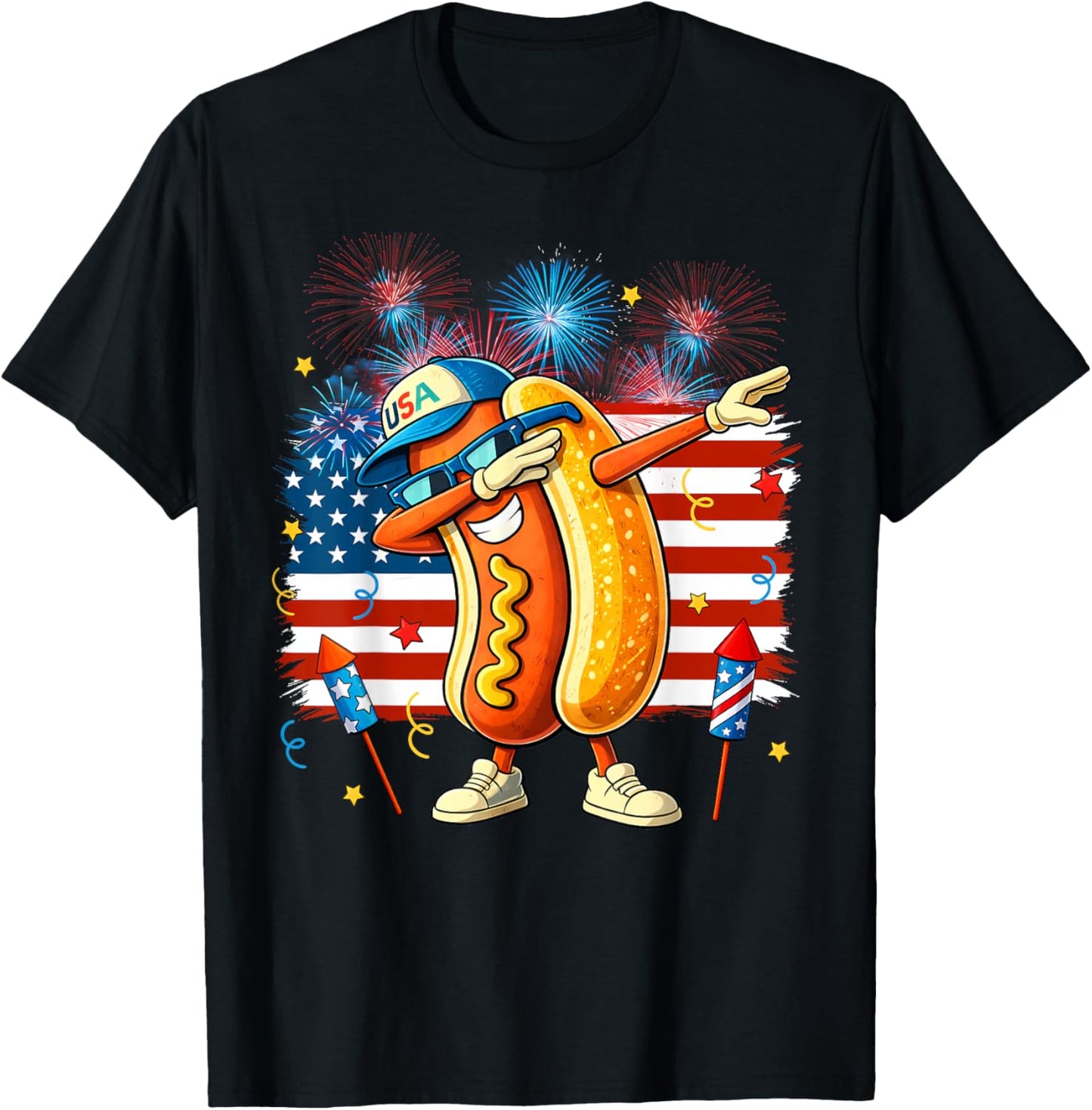 Funny Hotdog Dabbing Firework Patriotic USA Flag 4th of July T-Shirt - T-Shirt | Black