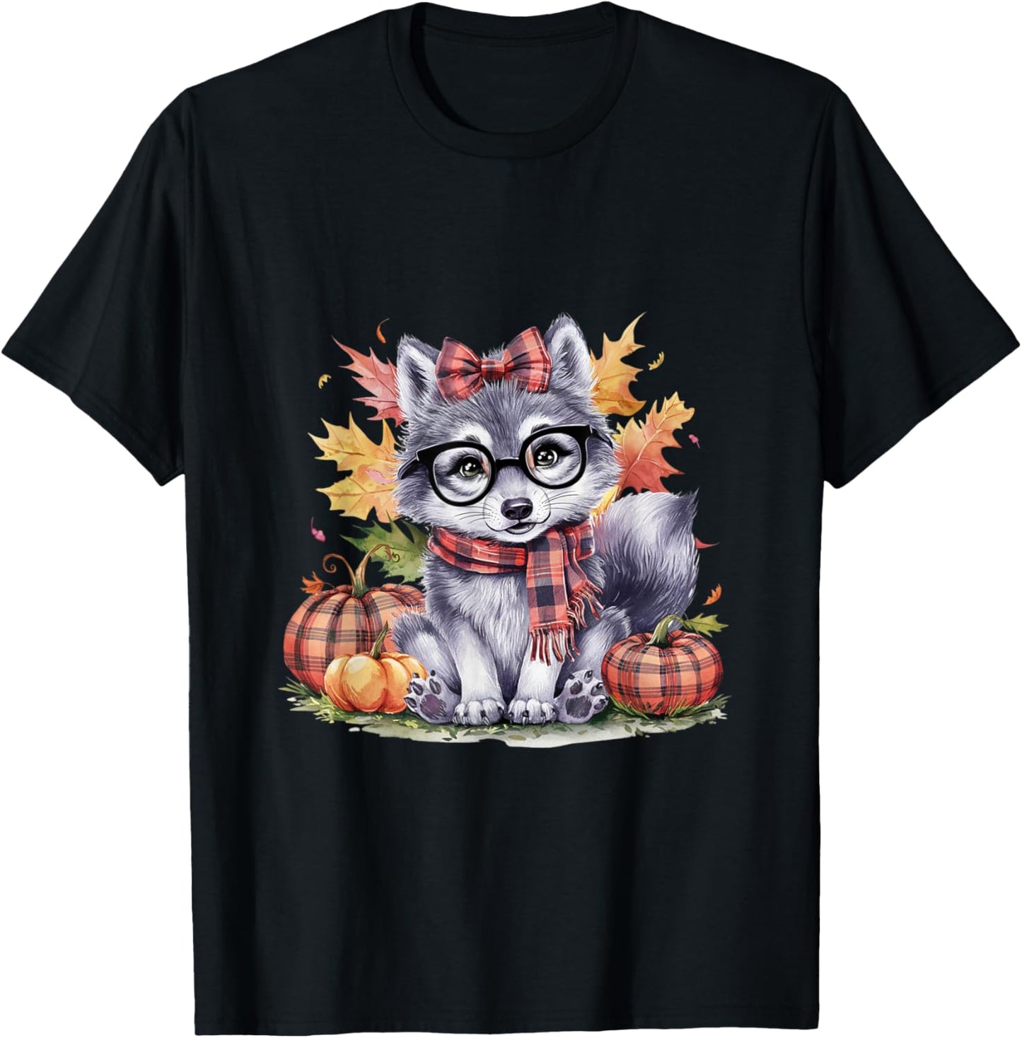 Fall Pumpkin Cute Wolf Fall Autumn Thanksgiving T-Shirt - T-Shirt | Black