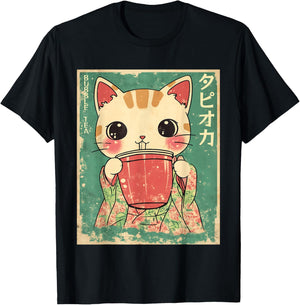 Kawaii Japanese Kimono Cat Bubble Tea Art T-Shirt - T-Shirt | Black