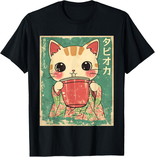 Kawaii Japanese Kimono Cat Bubble Tea Art T-Shirt - T-Shirt | Black