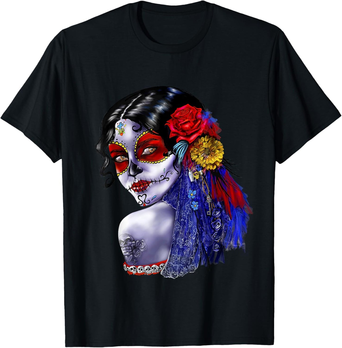Day Of The Dead Beauty With Flowers T-Shirt - T-Shirt | Black