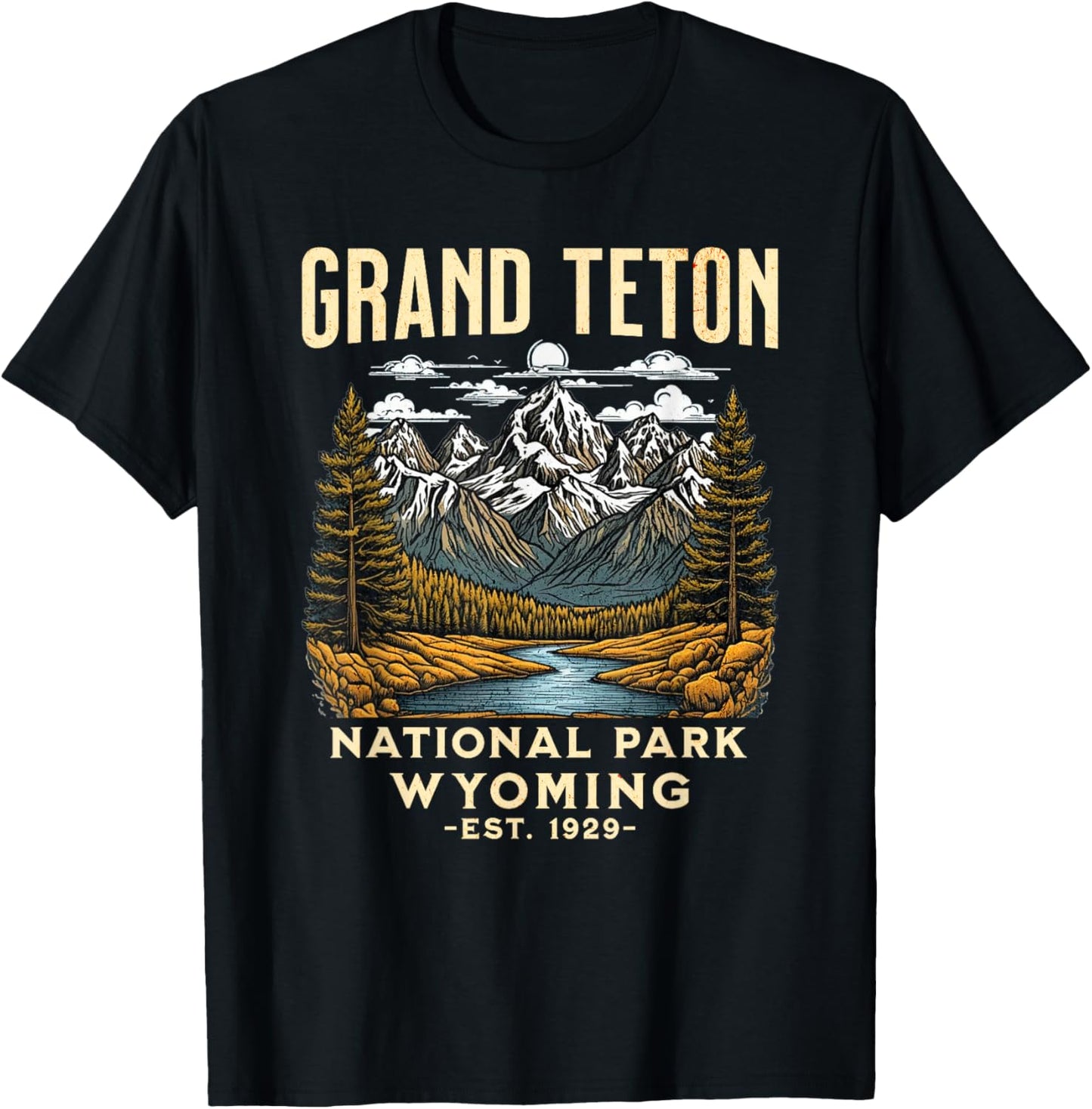 Grand Teton Wyoming | Vintage National Park USA T-Shirt - T-Shirt | Black