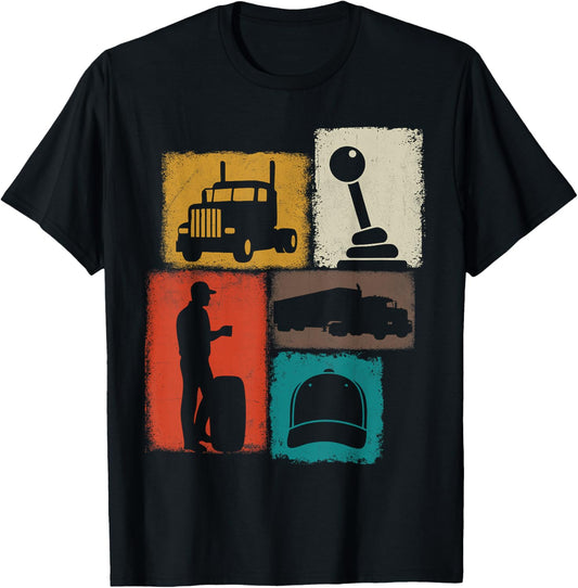 Trucker Vintage Collage Trucking Men Truck Driver T-Shirt - T-Shirt | Black