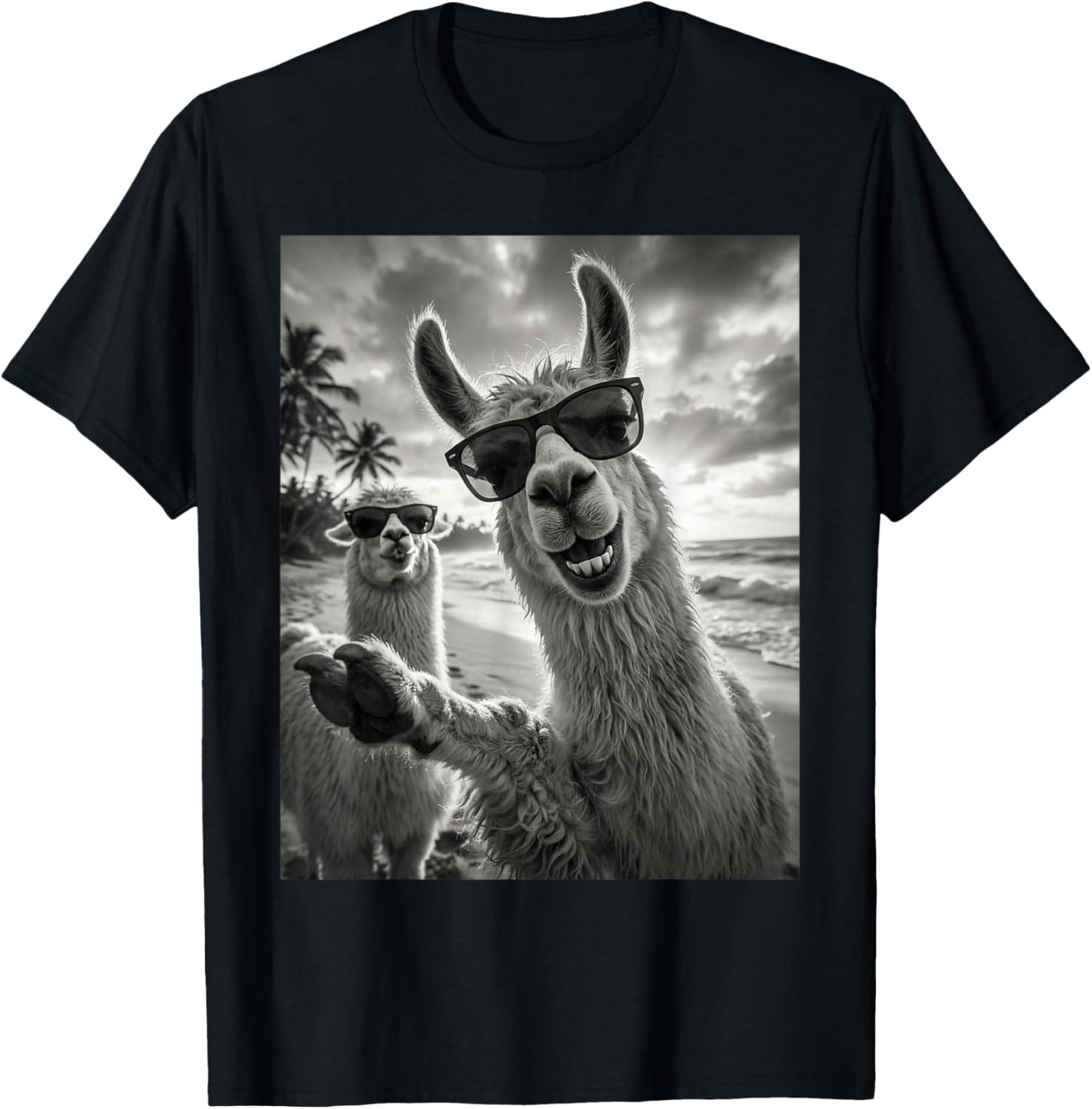 Cool Llama Selfie At The Beach, Cute Llamas Alpaca T-Shirt - T-Shirt | Black