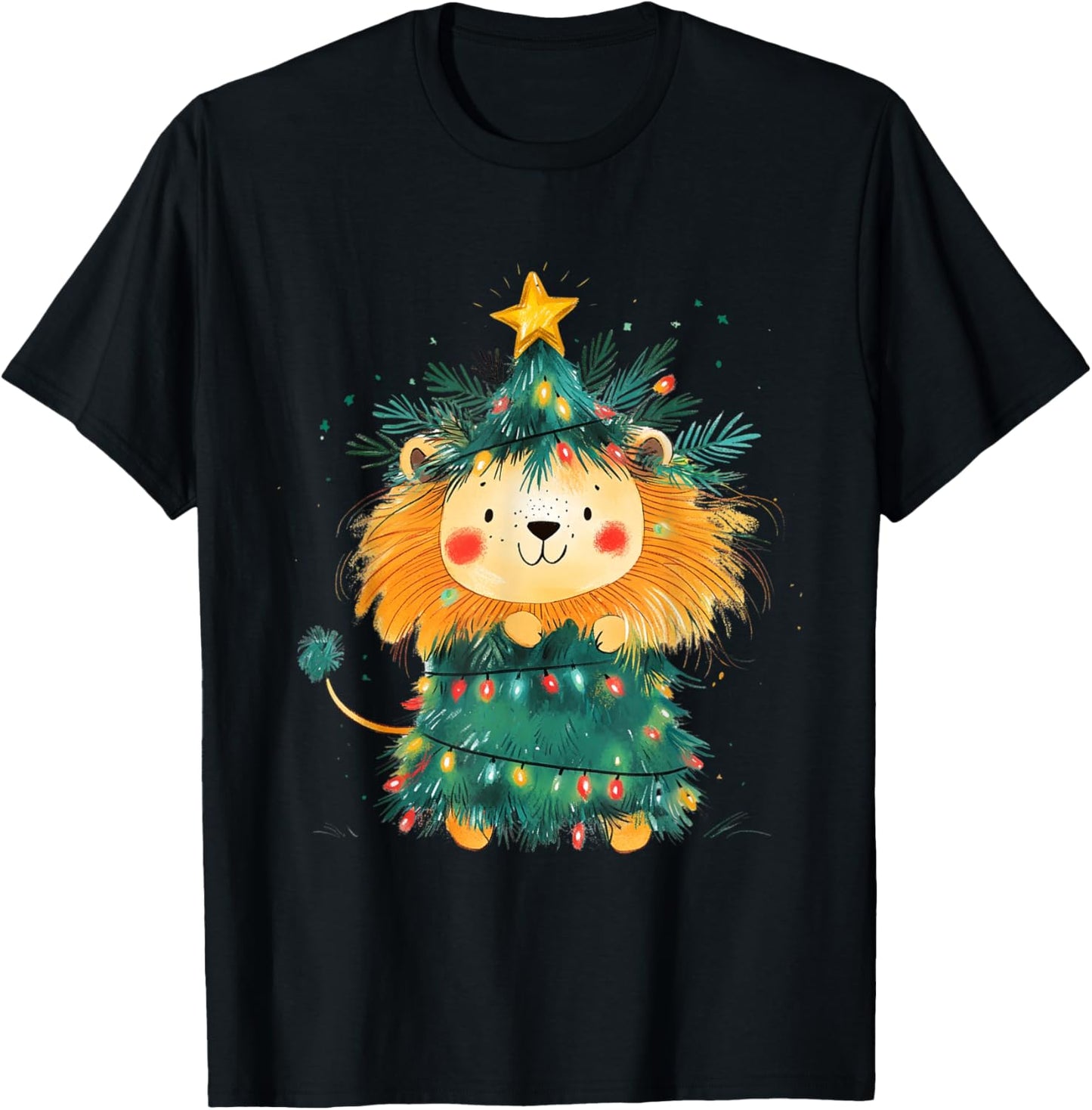 Lion Christmas Tree Pajamas Girls Boys Xmas Lights T-Shirt - T-Shirt | Black