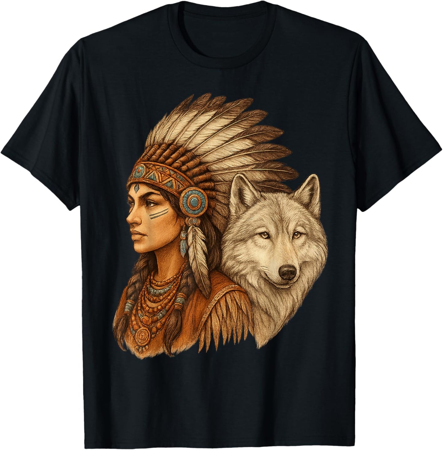 Indian Native American Woman with White Wolf Vitage T-Shirt - T-Shirt | Black