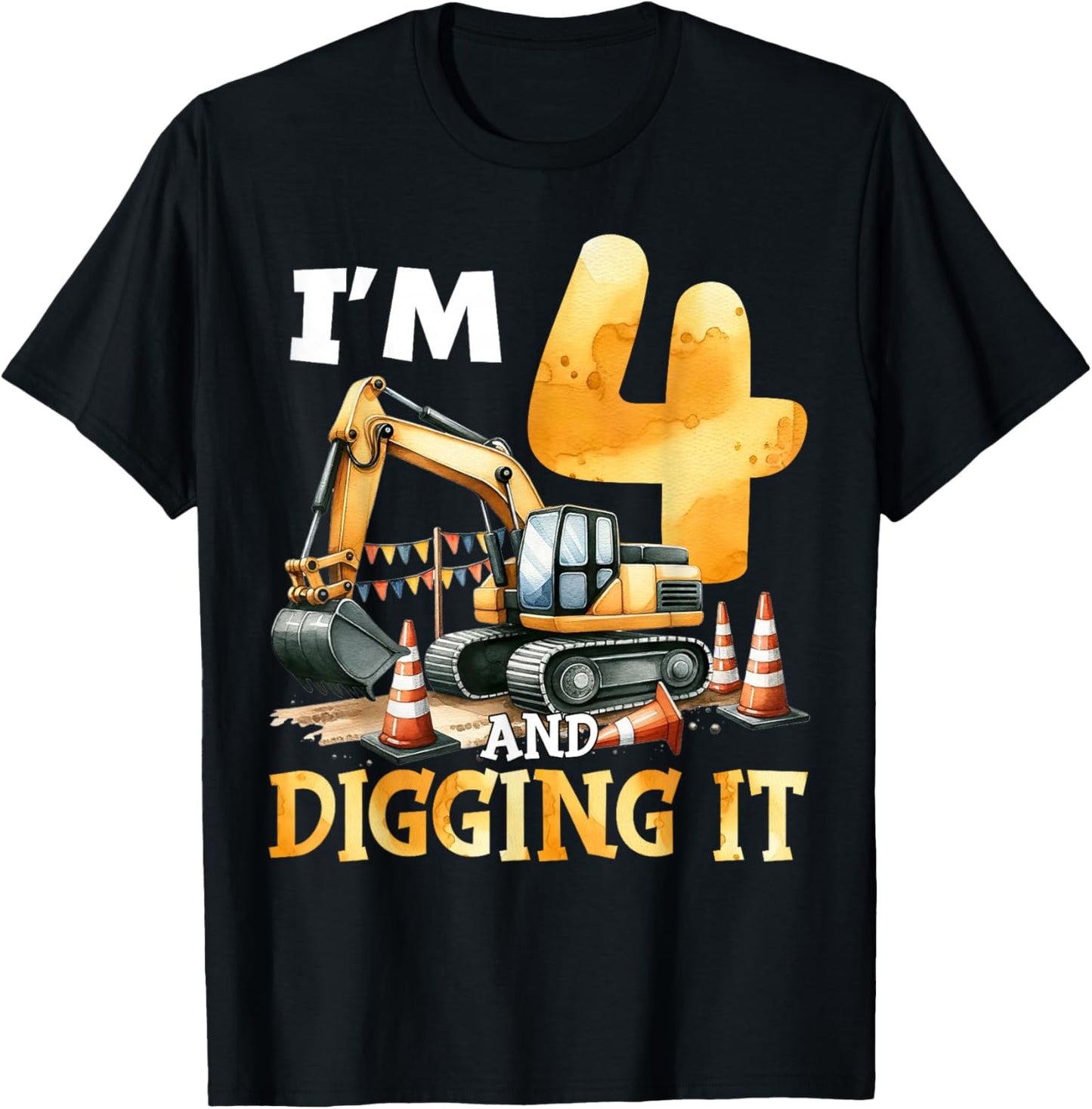 Four 4yr 4th Birthday Construction Boy 4 Years Old Boys Kid T-Shirt - T-Shirt | Black