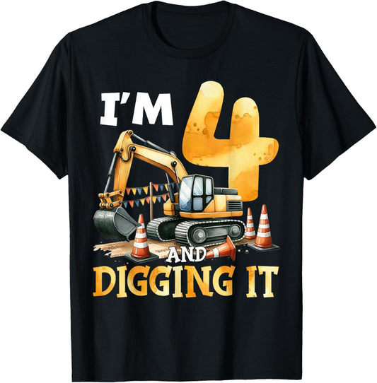 Four 4yr 4th Birthday Construction Boy 4 Years Old Boys Kid T-Shirt - T-Shirt | Black