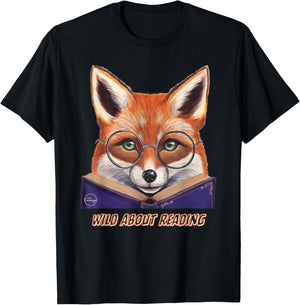 Fox Reading Book Glasses Wearing Animal Library School Zoo T-Shirt - T-Shirt | Black