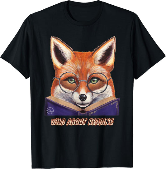 Fox Reading Book Glasses Wearing Animal Library School Zoo T-Shirt - T-Shirt | Black
