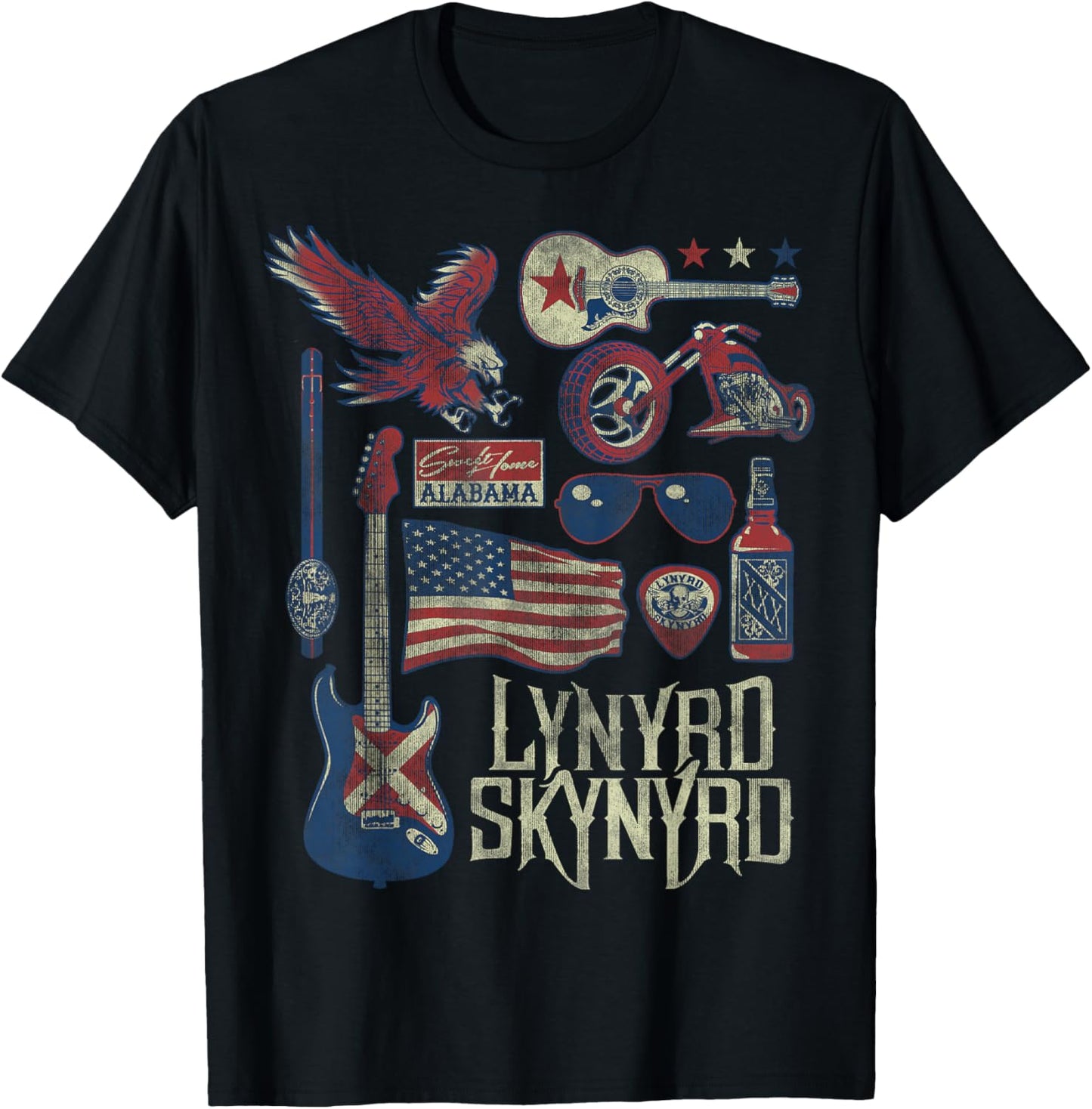 Lynyrd Skynyrd Collage Sweet Home Alabama US Flag Band Biker T-Shirt - T-Shirt | Black