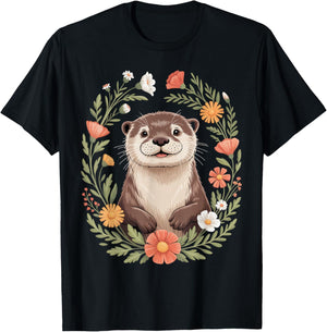 Flower Otter Floral Sea Animals Otter Cute Otter T-Shirt - T-Shirt | Black