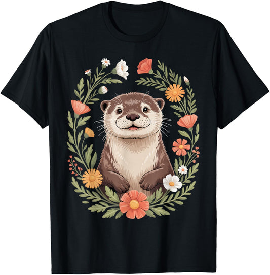 Flower Otter Floral Sea Animals Otter Cute Otter T-Shirt - T-Shirt | Black
