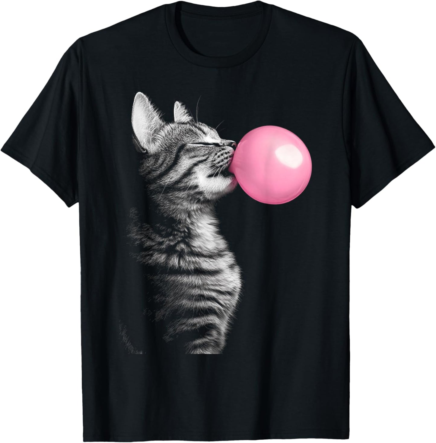 Black Graphic Cat Blowing Chewing Bubble Gum Pink Men Women Kids T-Shirt - T-Shirt | Black