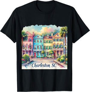 Charleston SC Rainbow Row Colorful Houses T-Shirt - T-Shirt | Black