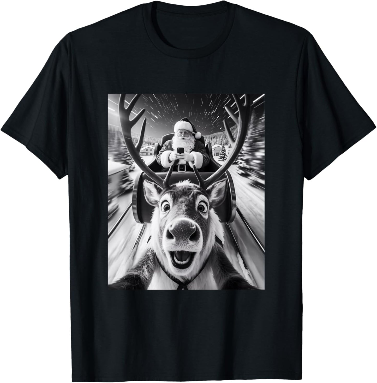 Santa and Reindeer Selfie Funny Christmas T-Shirt - T-Shirt | Black
