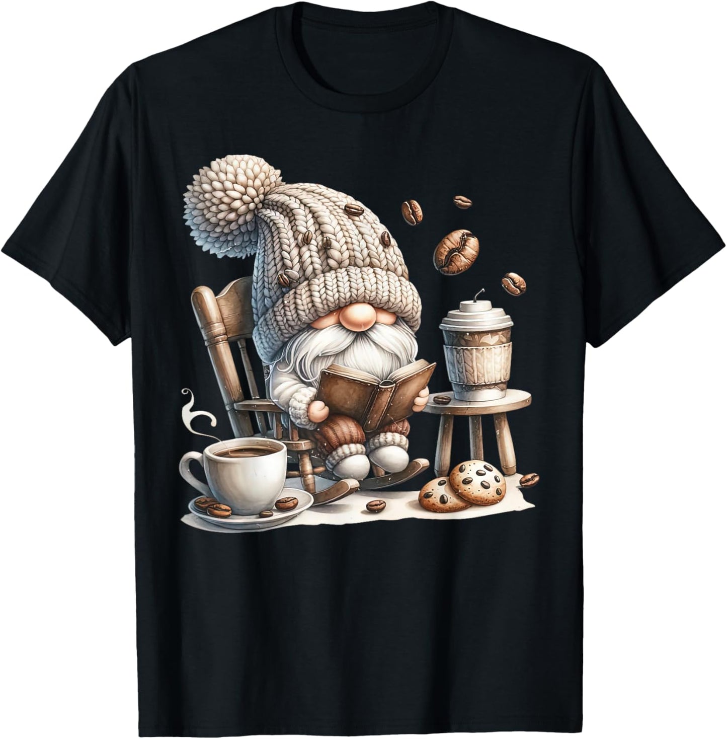 Vintage Cute Gnome Reading Book Coffee Cute Gnome Graphic T-Shirt - T-Shirt | Black