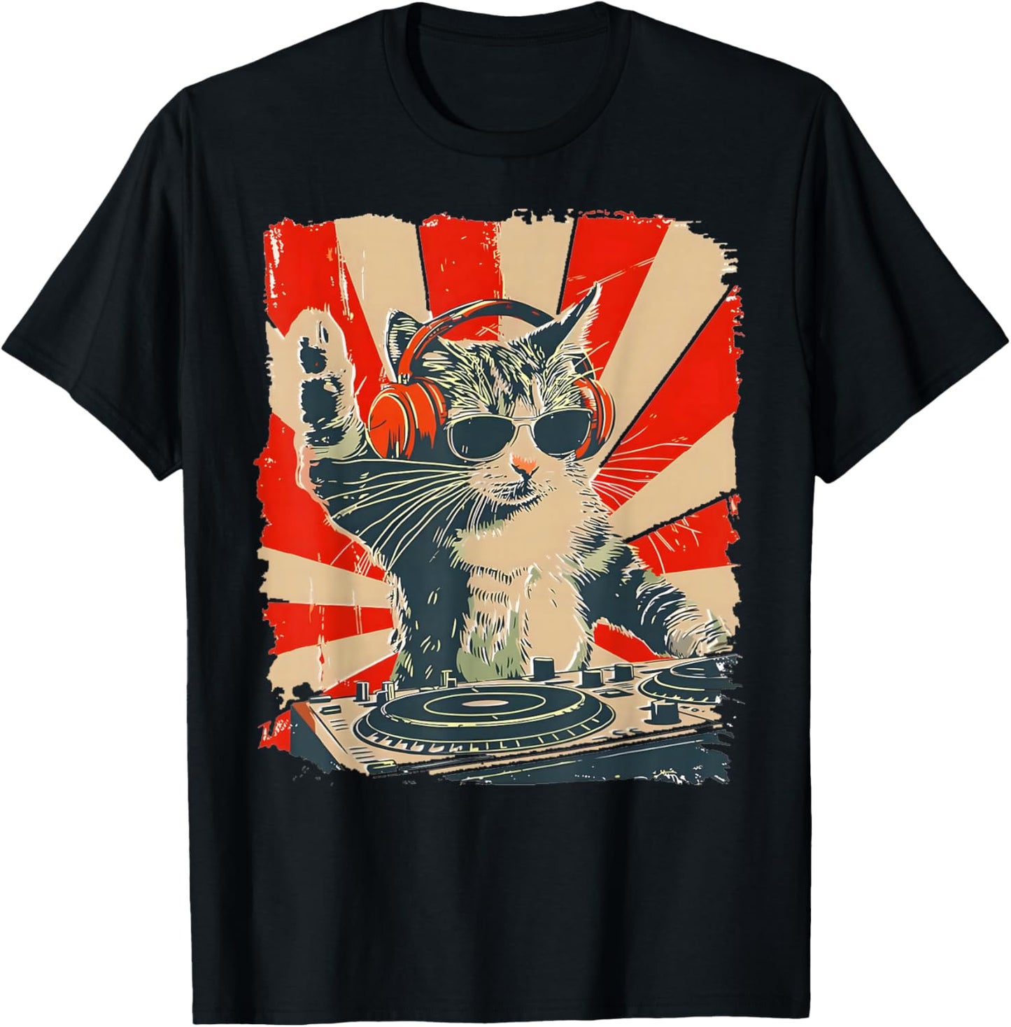 Funny DJ Cat with Headphones Retro Music Lover Art T-Shirt - T-Shirt | Black