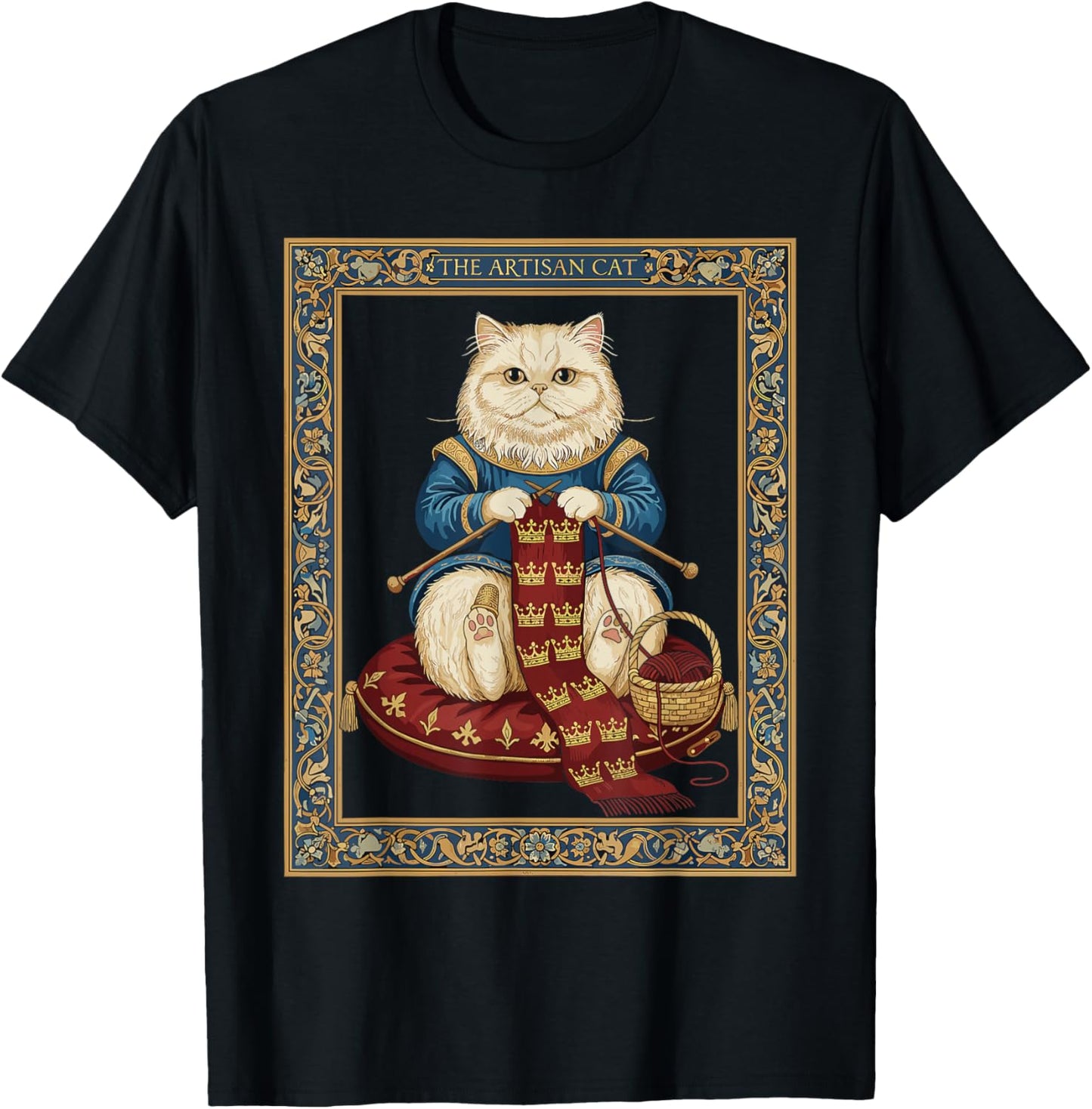 Cat Enthusiast Royal Knitting Animal Medieval Tapestry T-Shirt - T-Shirt | Black