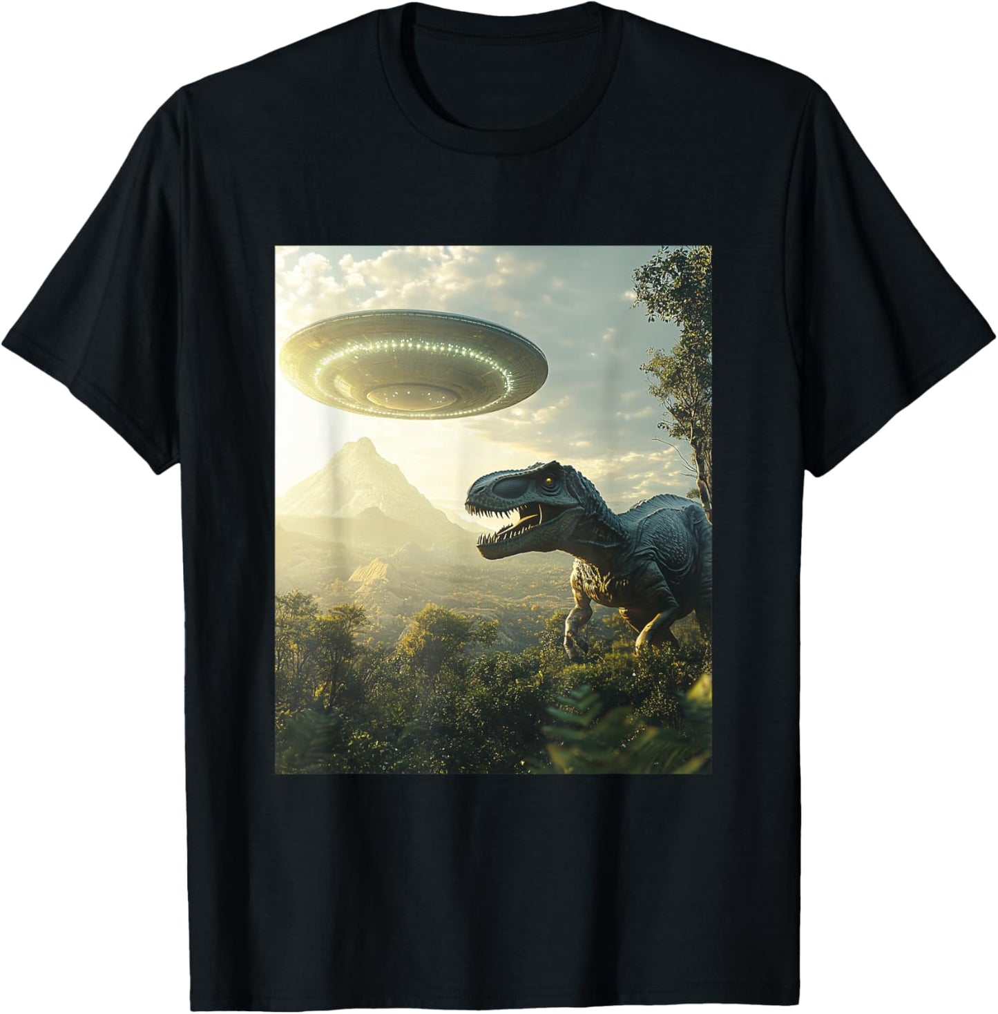Trex Dinosaur Dino Selfie with UFOs Aliens Funny Graphic T-Shirt - T-Shirt | Black