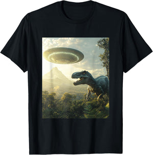 Trex Dinosaur Dino Selfie with UFOs Aliens Funny Graphic T-Shirt - T-Shirt | Black