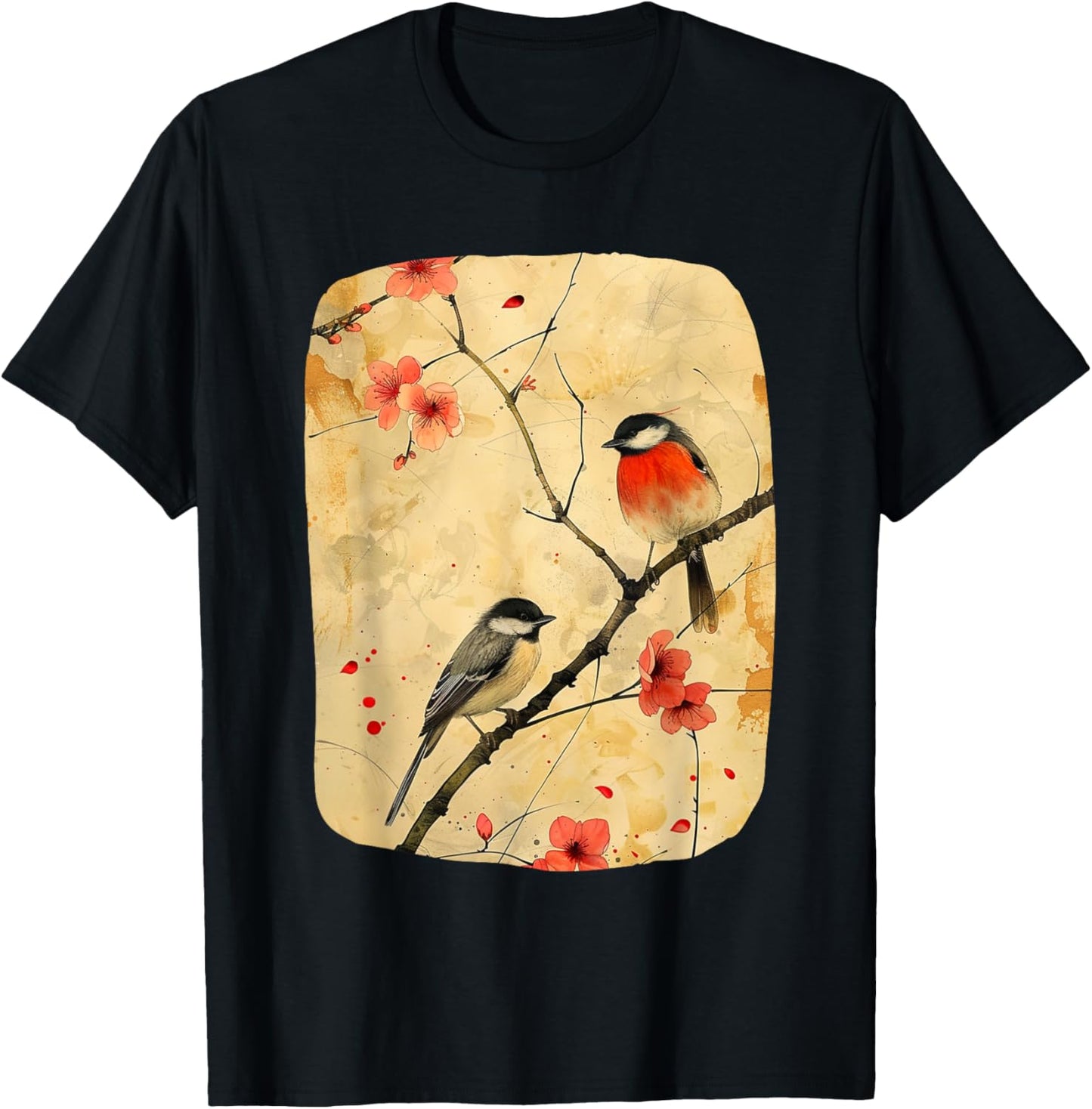 Japanese Art Birds On Cherry Blossom, Japanese T-Shirt - T-Shirt | Black