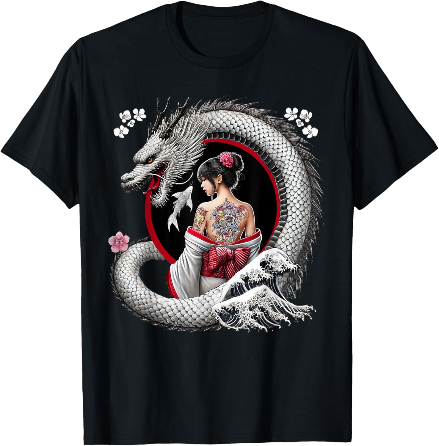 Geisha and Dragon Tattoo Art T-Shirt - T-Shirt | Black