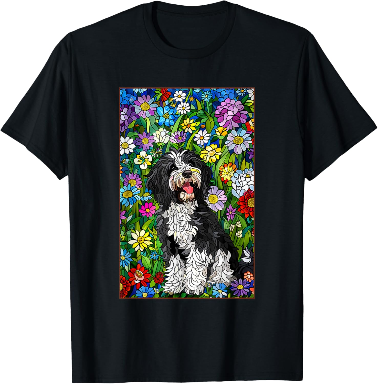 Bordoodle Dog Stained Glass Leadlight Artistic Design Men Women Kids T-Shirt - T-Shirt | Black