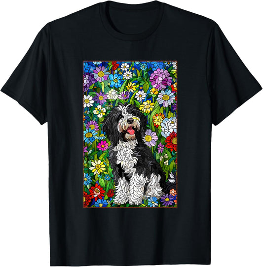 Bordoodle Dog Stained Glass Leadlight Artistic Design Men Women Kids T-Shirt - T-Shirt | Black