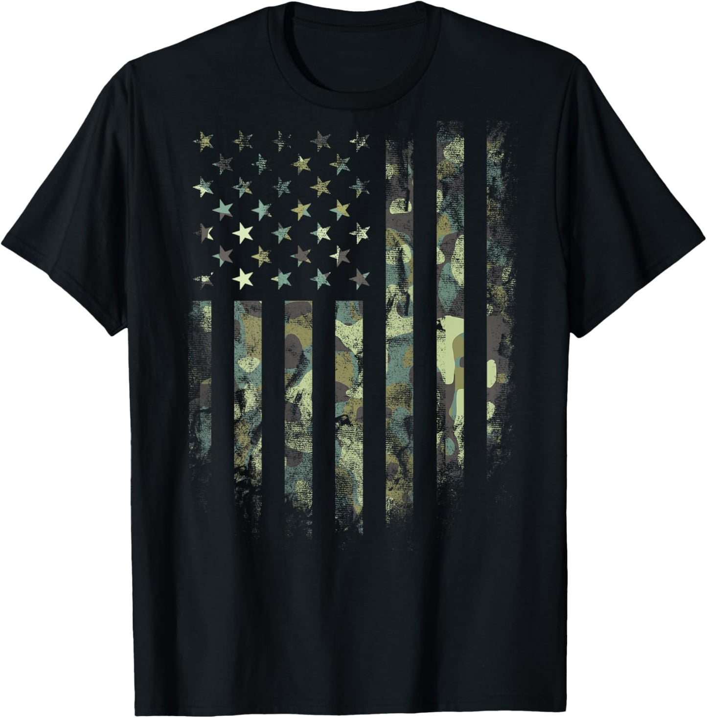 (Art on Back) American Flag Green Camo Camouflage T-Shirt - T-Shirt | Black