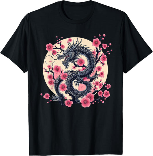 Vintage Chinese Dragon Asian Art Cherry Blossom Pink Flower T-Shirt - T-Shirt | Black