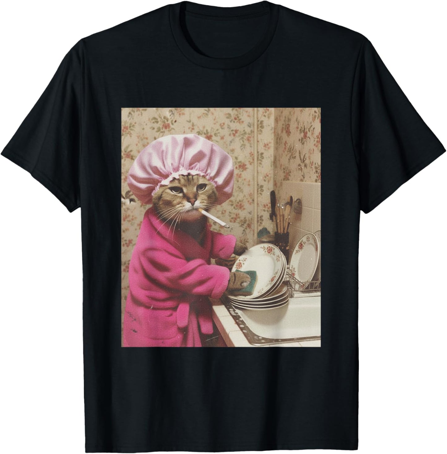 Hausfrau Katze Meme Zigarette Lustig Ironic Brainrot Y2K T-Shirt - T-Shirt | Black