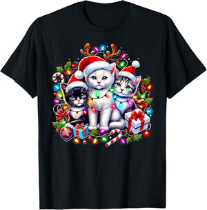 Cute Kittens Christmas Cheer Santa Hats Lights Cats Kittys T-Shirt - T-Shirt | Black