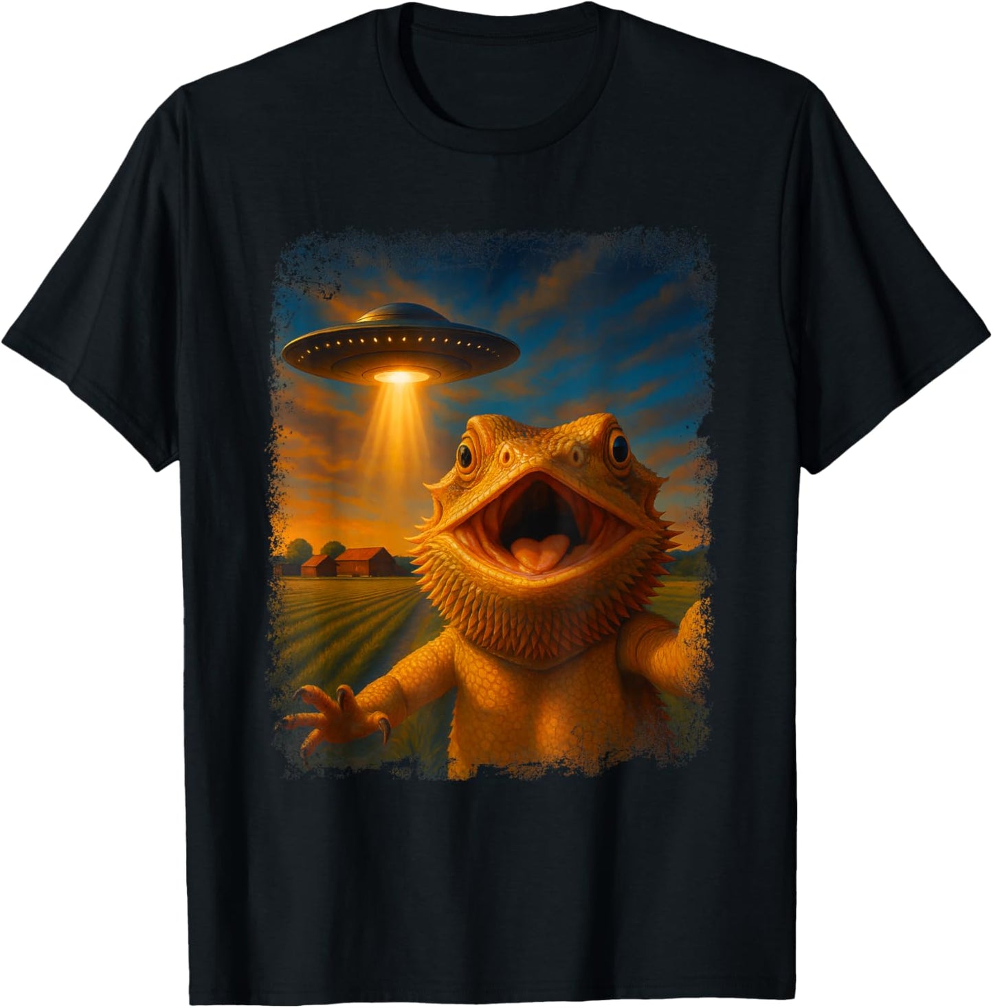 Distressed Dragon UFO Selfie Funny Invasion Alien Art Humor T-Shirt - T-Shirt | Black